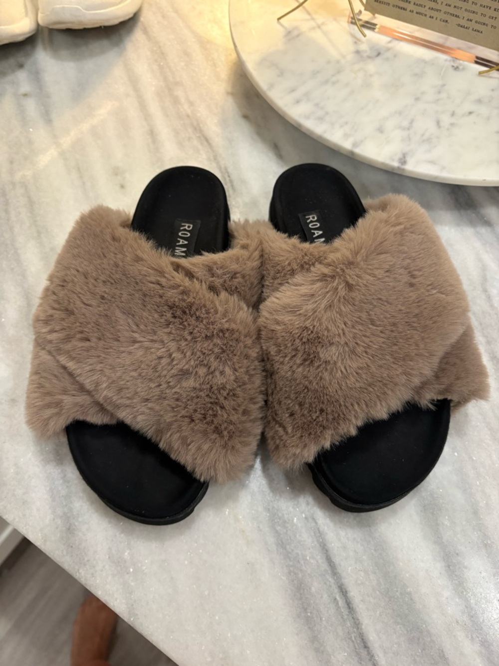 Roaman's Taupe Faux-Fur Crossband Slide Sandals